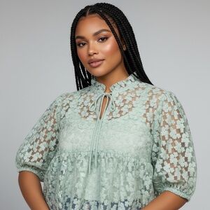 Marc New York Spring Mint floral embroidered babydoll sheer puff sleeve blouse